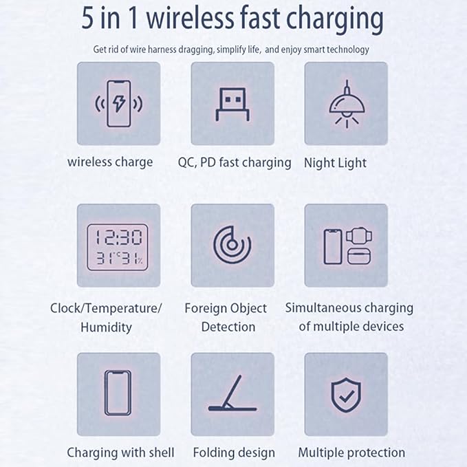 AYI 5in1 Multi Functional Wireless Charging Station with Digital Clock 15W Fast Charge Night Light Temperature Humidity Monitor Wireless Charger for All Qi Phone TWS Headphone and Apple Watch-Black