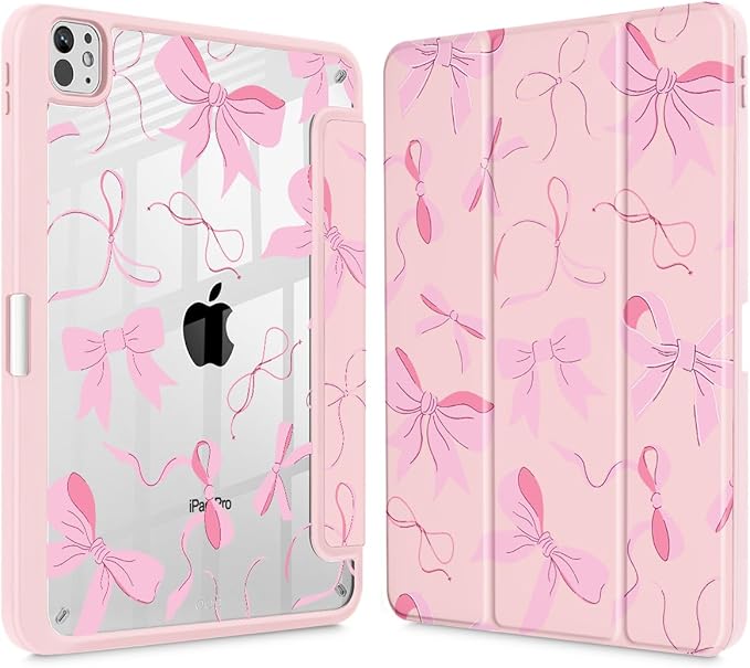 May Chen Case for iPad Pro 11-Inch M5/M4 2025/2024 (6th/5th Generation) Clear Transparent Print Back Shell Slim Stand Shockproof Tablet Cover Auto Wake/Sleep Pink Bows P631