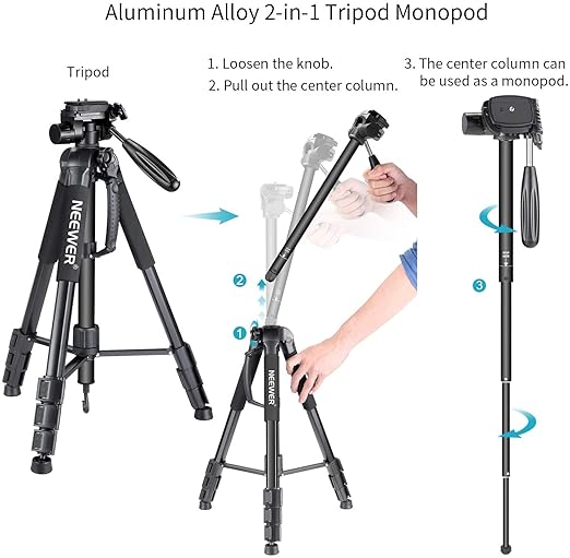 NEEWER Portable Aluminum Alloy Camera 2 in 1 Tripod Monopod Max. 70/177cm with 3 Way Swivel Pan Head and Carrying Bag for DSLR DV Video Camcorder (SAB264 Black)