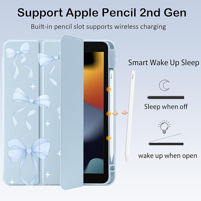 Cute Blue Ribbon Bow for iPad Pro 11 Inch Case (M5/M4) 2025/2024 with Pencil Holder Auto Sleep/Wake Blue Leather Clear Acrylic Back Cover