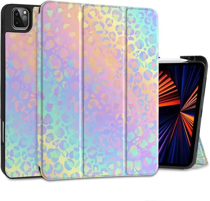 DONGKE Case for 2022/2021/2020/2018 iPad Pro 11 inch Gen 4/3/2/1 - Slim Protective Case - Built in Pencil Holder Support Charging - Trifold Stand &amp Sleep/Wake Cover - Colorful Leopard