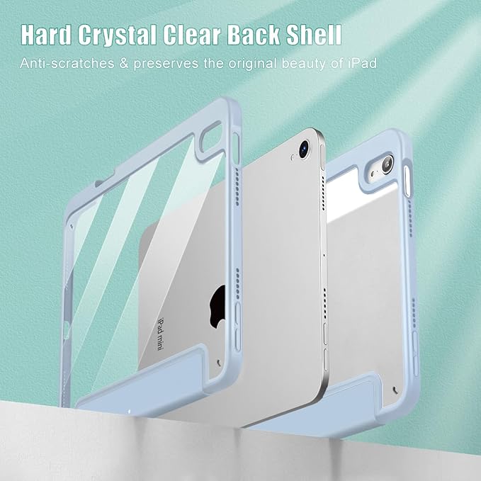 May Chen Slim Case for iPad mini 7 (A17 Pro 7th Generation) 2024 / iPad mini 6 (6th Gen) 8.3 Inch [Built-in Pencil Holder] Shockproof Cover Clear Clear Back Shell Auto Wake/Sleep Blue Stars Bow