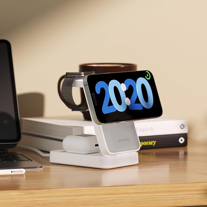 PWR Fold 2.0 4-in-1 Charging Station for Multiple Devices - Portable Wireless Charging Station Compatible with Apple Watch iPhone Samsung Airpods and Qi Wireless Devices (White)