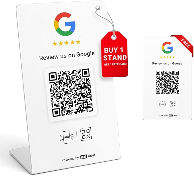 HotLabel Review Stand 1-Pack + Bonus Review Tap Card 1-Pack + For Boosting Business Reviews + White + NFC Tap &amp QR Code + Supports 2 Different Stores or Same + No App/No Subscription