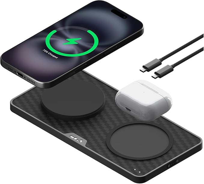 Mous - Dual Charging Station with Qi2 up to 15W Fast Charge - MagSafe Charger Compatible with iPhone 17/16/15/14/13/12 Pixel 10 Series and Airpods - USB-C Cable - Aramid Fibre