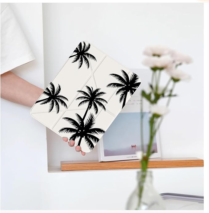 Cute Black Palm Tree for iPad Pro 11 Inch Case (M5/M4) 2025/2024 with Pencil Holder Auto Sleep/Wake White Leather Acrylic Back Detachable Cover