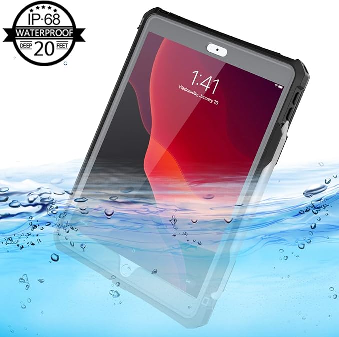iPad Case Waterproof Full Body Cover for iPad 10.2 inch 2021 (Black) Compatible with 7th/8th/9th Gen Protective with Pencil Holder Anti-Scratch Shockproof IP68