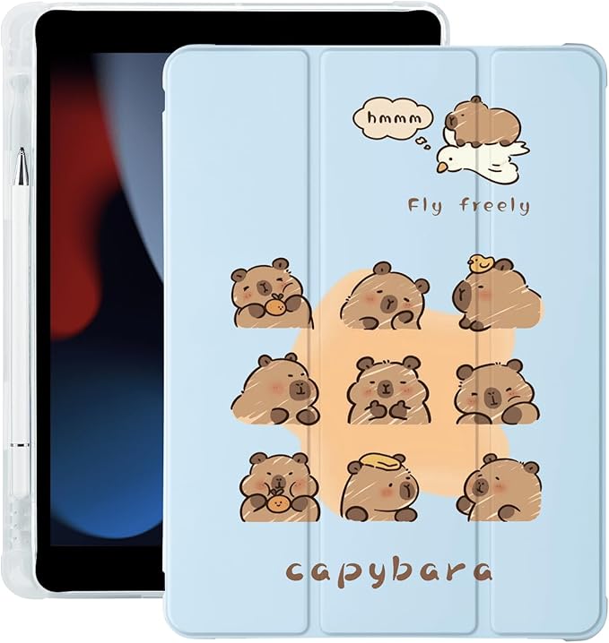 Cute Kawaii Capybara for iPad Air 13 Inch Case M3 2025/M2 2024 with Pencil Holder Auto Sleep/Wake Blue Leather Soft TPU Back Cover