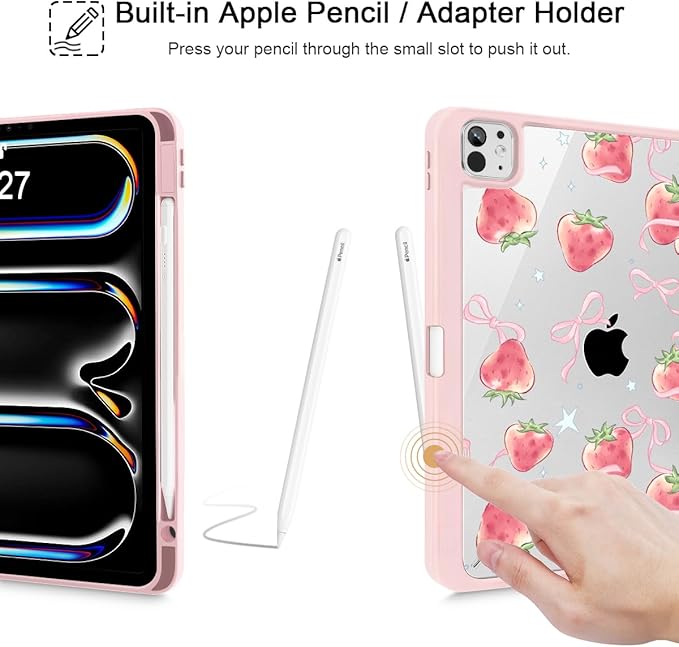 May Chen Case for iPad Pro 11-Inch M5/M4 2025/2024 (6th/5th Generation) Clear Transparent Print Back Shell Slim Stand Shockproof Tablet Cover Auto Wake/Sleep Bow Strawberry