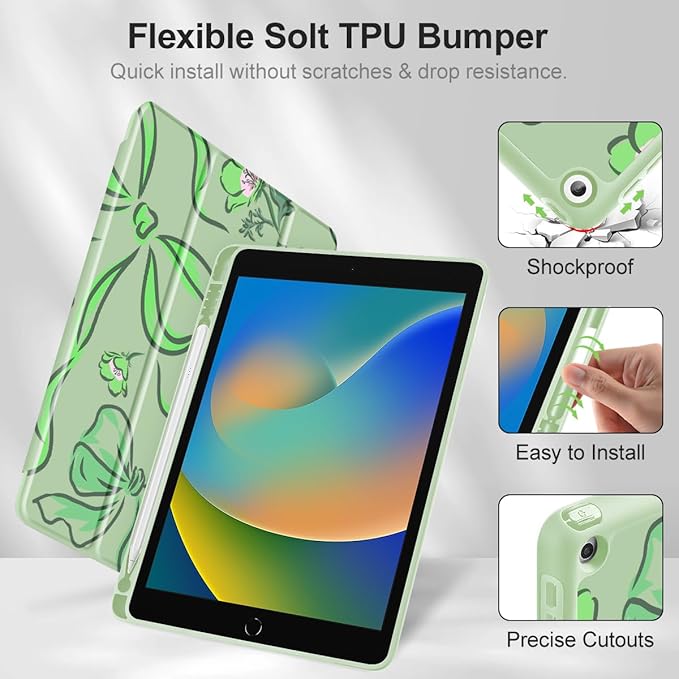Mektron Designed Printed iPad 10.2 Case 9th Gen (2021)/ 8th Gen (2020)/ 7th Gen (2019) with Pencil Holder Slim Protective Case with Soft TPU Back for iPad 10.2 inch Flowers-Bows-Green