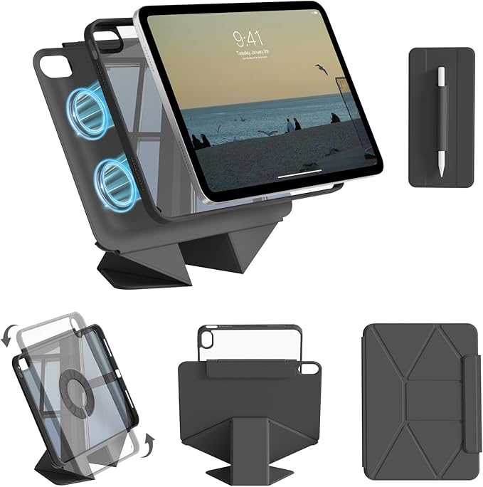 Case for iPad 11-Inch (A16) 11th Generation/ 10.9-Inch 10th Gen (2025/2022) with Pencil Holder Detachable Magnetic 360° Rotating Clear Protective Cover Portrait/Landscape Stand Black