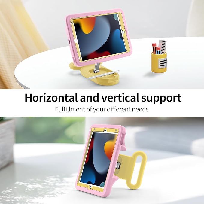 Kids Case for iPad 9th Gen 2021/ iPad 8th Gen 2020/ iPad 7th Gen 2019 Adjustable Portrait/Landscape Stand Drop Proof with HandleChild Friendly Cover for iPad 10.2 Inch (PinkYellow)