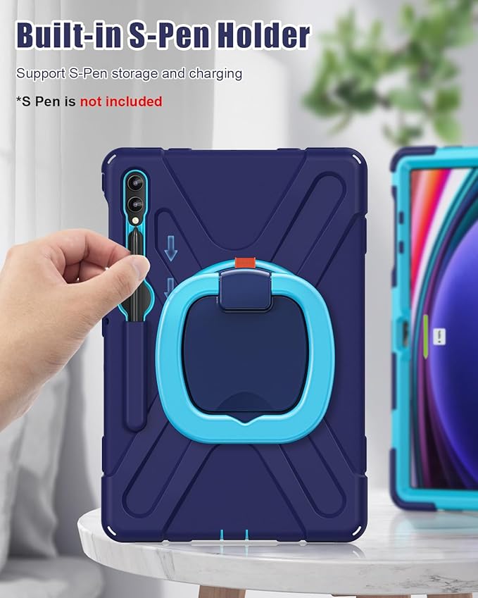 BRAECN Case for 12.4” Samsung Galaxy Tab S10+/ S9 FE+/ S9+/ S8+/ S7 FE/S7+ Plus Rugged Silicone Cover w/S Pen Holder Screen Protector Handle Grip/Kickstand Shoulder Strap Navy Blue