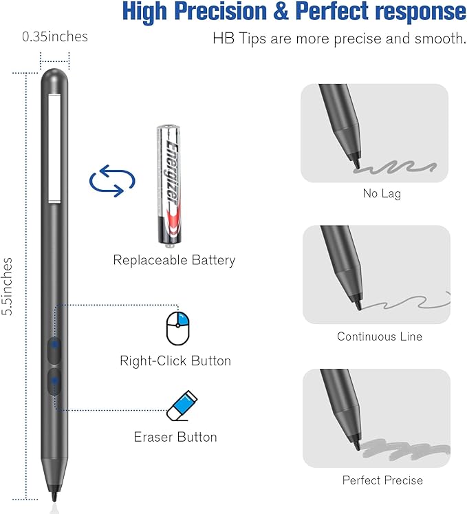 Pen for Surface Pro 11 2500 Working Hour 1024 Pressure Eraser &amp Right-Click Palm Rejection for Surface Pro 11/10/9/8/X/7+/7/6/5/4/3 Surface Go 1-4 Surface Laptop/Studio/Book 1-5 Kobo eReade