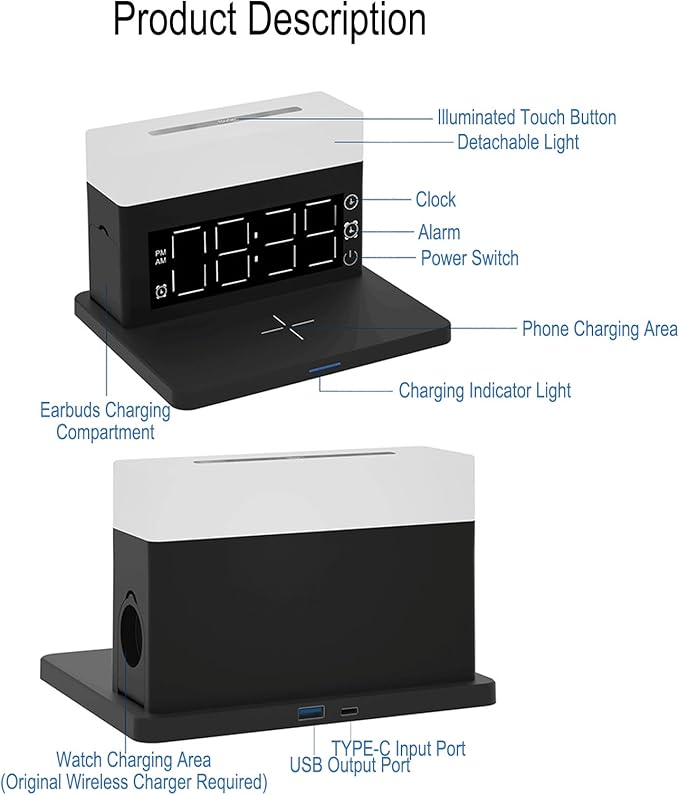 6 in 1 Wireless Charger 15W Fast Charging Station with Digital Clock Alarm &amp Night Light Multi-Device Charging Dock for Phone/Smartwatch/Earbuds RGB Ambient Light N65 White.