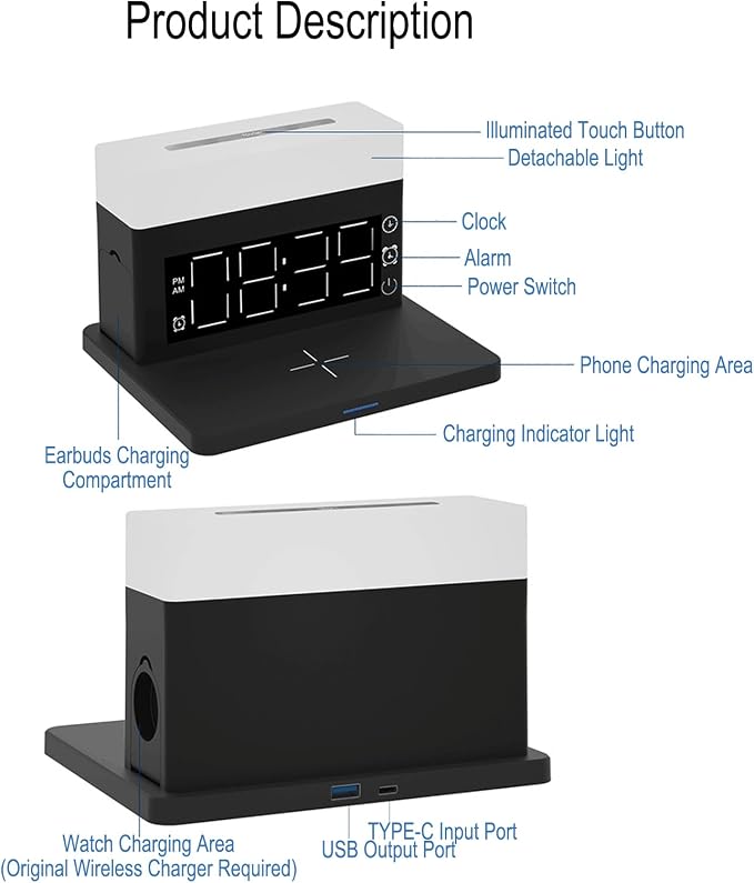 Wireless Charger Alarm Clock N65 White