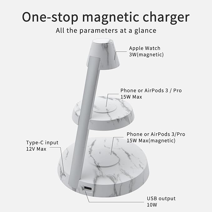 Magnetic Wireless Charger 3 in 1 Tower Standing Upright Double Layer Night Light High-Power Convenient Compatible with Cellphones/Wireless Earbuds/Apple Watch (Marble Style)