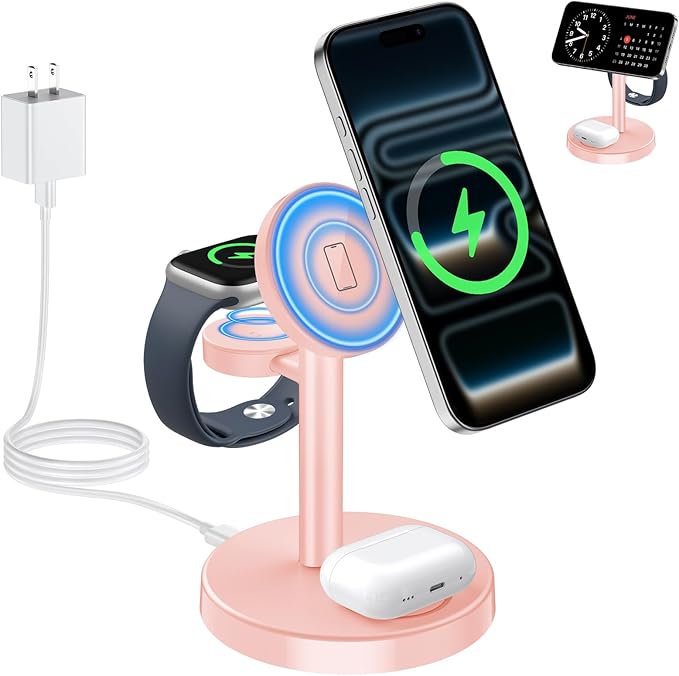 2026 3 in 1 Wireless Charging Station Compatible with MagSafe 15W Fast Magnetic Mag-Safe Charger Stand for Apple iPhone 17 16 15 14 13 12 iWatch AirPods Pro 4 3 2 Pink