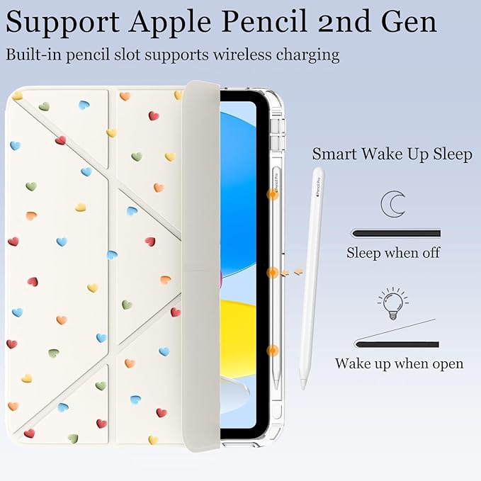 Cute Colorful Love Heart for iPad Pro 11 Inch Case (M5/M4) 2025/2024 with Pencil Holder Auto Sleep/Wake White Leather Acrylic Back Detachable Cover
