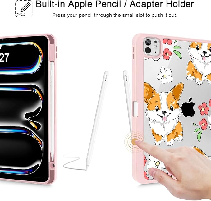 May Chen Case for iPad Pro 11-Inch M5/M4 2025/2024 (6th/5th Generation) [Penceil Holder] Trifold Stand Auto Wake/Sleep Clear TPU Protection Back Cover Corgi Dog Stripes