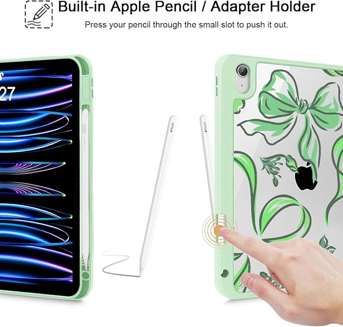 Mektron Case for 2026 iPad Air 13 inch M4 Cover Compatible 2025 iPad Air 13 inch M3 2024 iPad Air 13 inch M2 with Pencil Holder Shockproof Clear Shell Flowers-Bows-Green