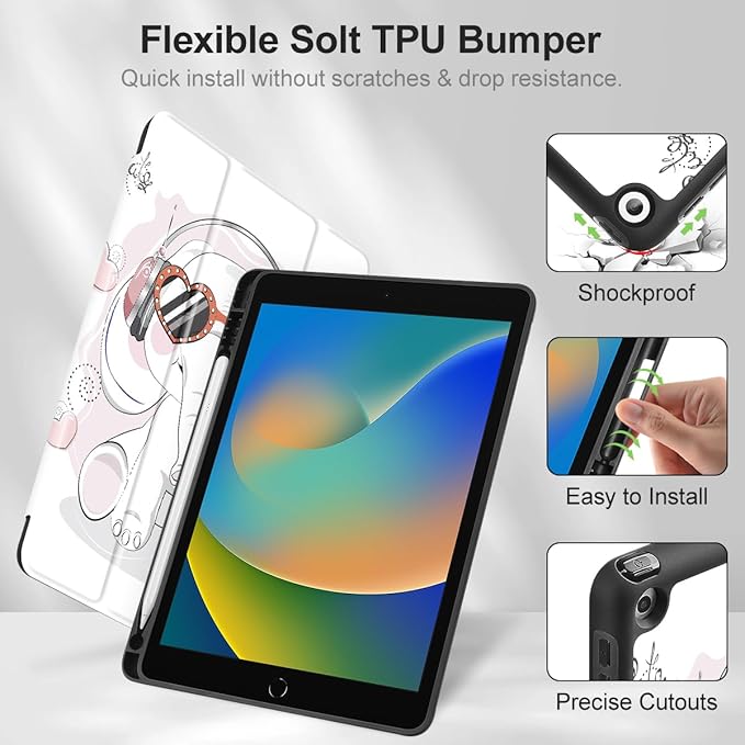 Tuiklol Case for iPad 10.2 Inch 2021 2020 2018 Release 9th / 8th / 7th Generation Built-in Pencil Holder TPU Protective Stand Back Cover Trifold Stand-Auto Wake/Sleep Lovely Elephant