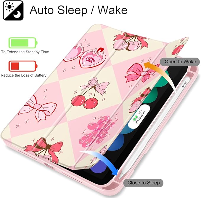 Mektron Printed Case for iPad mini 7 (A17 Pro) 2024/ Mini 6 2021 iPad mini 7th/6th Generation 8.3-inch Liquid Retina Display Cover Buit in Pencil Holder with Clear Back Shell Cherry with Bows