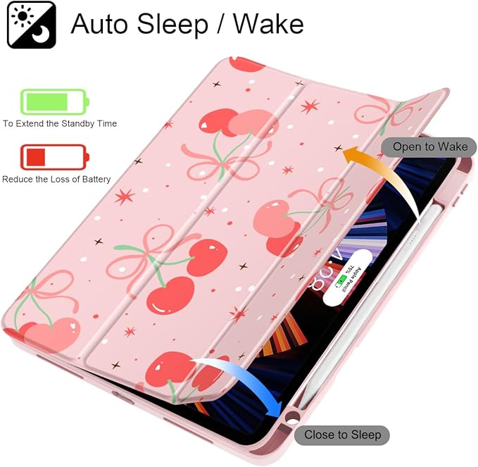 May Chen for iPad Pro 11 inch M2 4th Generation 2022 iPad Pro 11 3rd/2nd/1st Gen Built-in Pencil Holder with Shockproof Cover Clear Transparent Back Shell Auto Wake/Sleep Coquette Cherry