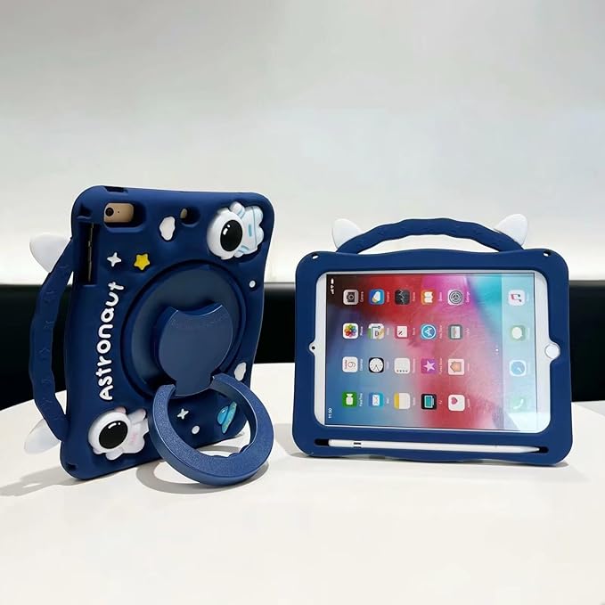 3D Cute Press Astronaut Case for iPad Pro 11 inch/Air 5th 2022/Air 4th 2020 10.9 inchKawaii Cartoon Character Space Soft Silicone Rotating Stand Case with Lanyard for Kids Teens Girls Women