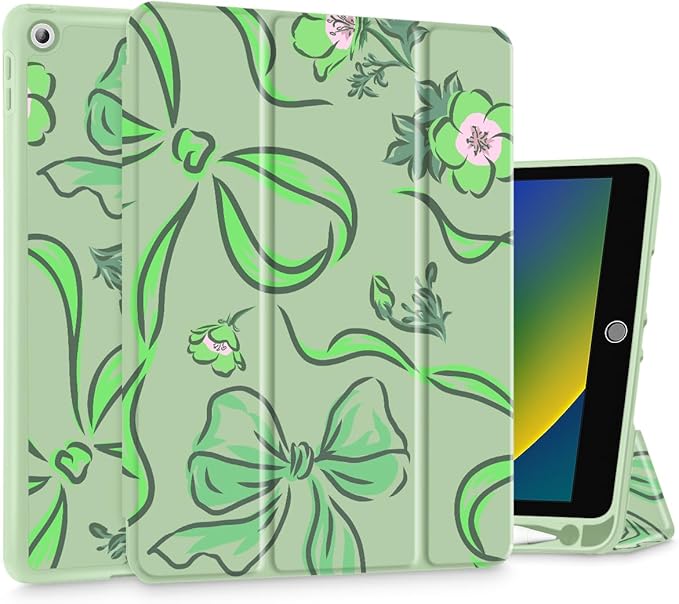 Mektron Designed Printed iPad 10.2 Case 9th Gen (2021)/ 8th Gen (2020)/ 7th Gen (2019) with Pencil Holder Slim Protective Case with Soft TPU Back for iPad 10.2 inch Flowers-Bows-Green