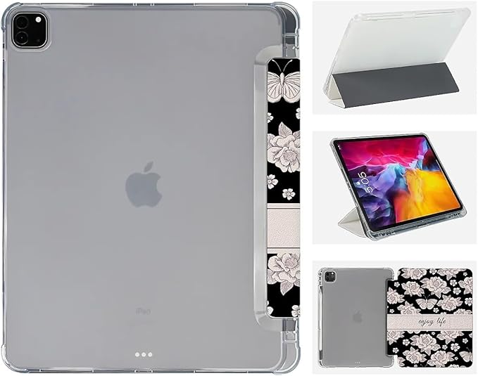 Vintage White Flowers and Butterflies Case Compatible with IPad 9th 8th 7th Generation 10.9 Inch 2021/2019/2018Funny Cover with Trifold Stand + Pencil Holder for Boys GirlsiPad Pro 11inch 2024