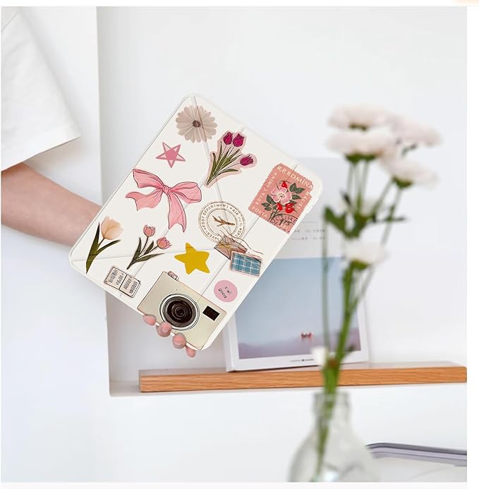 Cute Stamp Flower Bow for iPad (A16) 11th/10th Generation Case 11 Inch/10.9 Inch 2025/2022 with Pencil Holder Auto Sleep/Wake White Leather Acrylic Back Detachable Cover