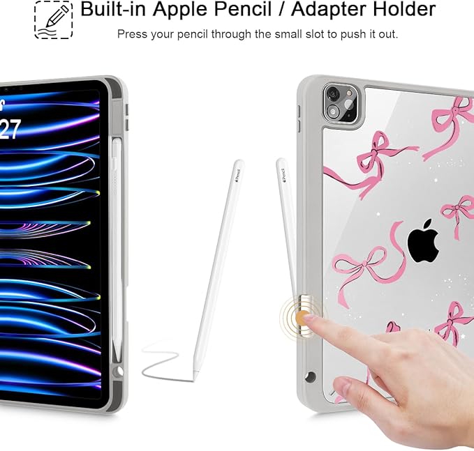 May Chen for iPad Pro 11 inch M2 4th Generation 2022 iPad Pro 11 3rd/2nd/1st Gen Case with Transparent Shockproof Back Cover [Built-in Pencil Holder Auto Sleep/Wake Bows Khaki