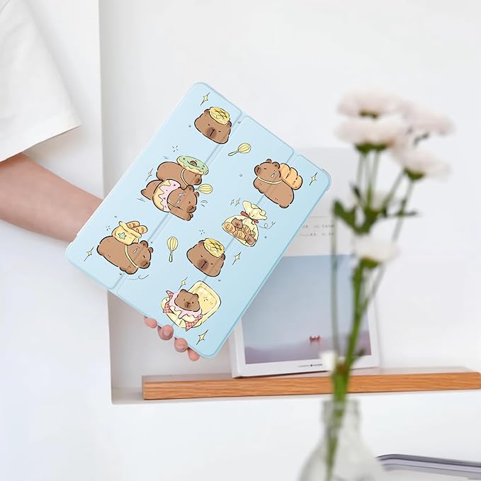 Cute Kawaii Capybara for iPad Pro 11 Inch Case (M5/M4) 2025/2024 with Pencil Holder Auto Sleep/Wake Blue Leather Soft TPU Back Cover