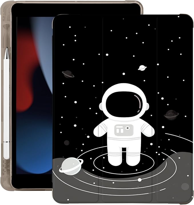 Cute Space Astronaut for iPad 5th/6th Generation Case with Pencil Holder Auto Sleep/Wake Black Leather Soft TPU Back Cover for iPad 9.7 Inch