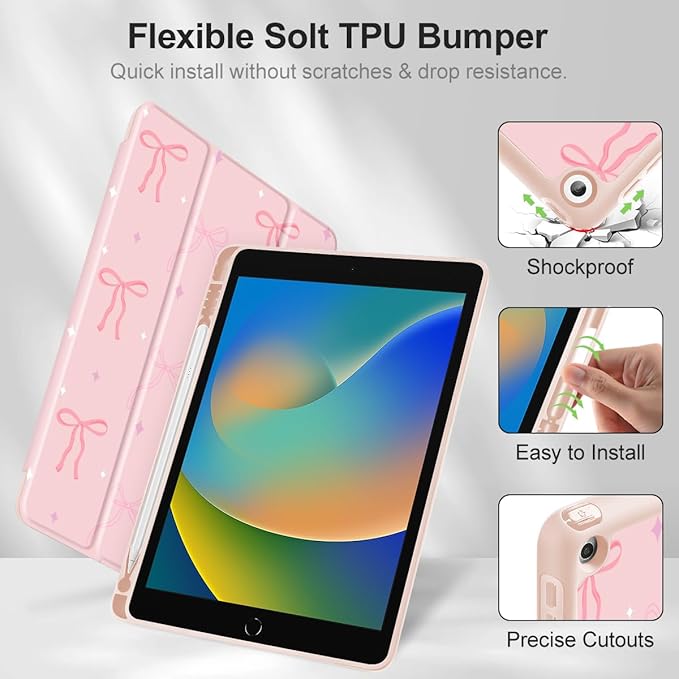Tuiklol Case for iPad 10.2 Inch 2021 2020 2018 Release 9th / 8th / 7th Generation Built-in Pencil Holder TPU Protective Stand Back Cover Trifold Stand-Auto Wake/Sleep Pink Bows