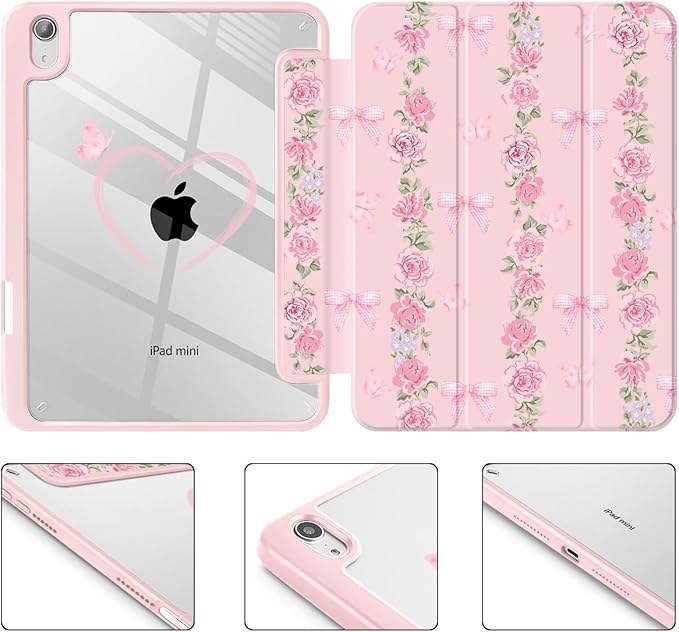May Chen Slim Case for iPad mini 7 (A17 Pro 7th Generation) 2024 / iPad mini 6 (6th Gen) 8.3 Inch [Built-in Pencil Holder] Shockproof Cover Clear Clear Back Shell Auto Wake/Sleep Bow &amp Rose Flo