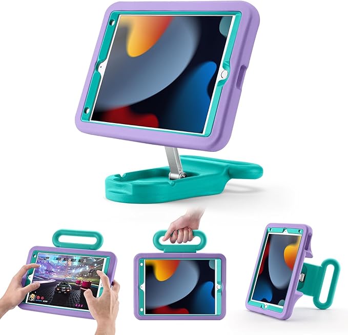 Kids Case for iPad 7th/8th/9th Gen 10.2 inchAdjustable Portrait/Landscape Stand/Drop Proof with Handle/KickstandChild Friendly Protective Cover for iPad 10.2 2021/2020/2019 (PurpleGreen)