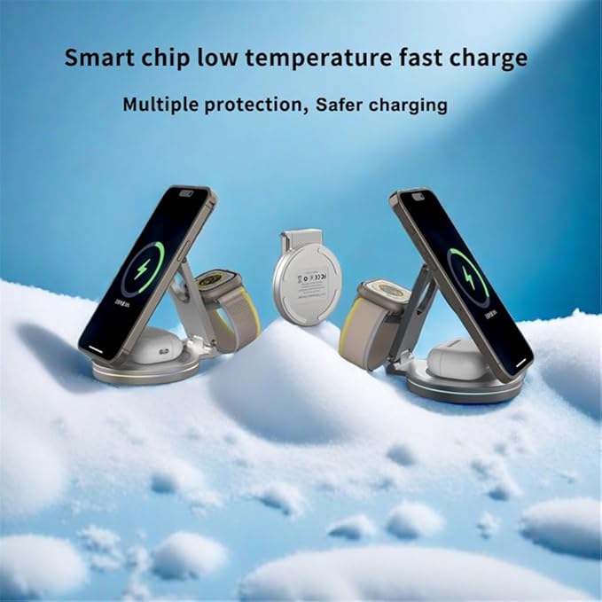 Metal Rotating Wireless Charging Stand for Phone Smartwatch Devices 3 in 1 Function Auto Dimming Lights Compact Foldable