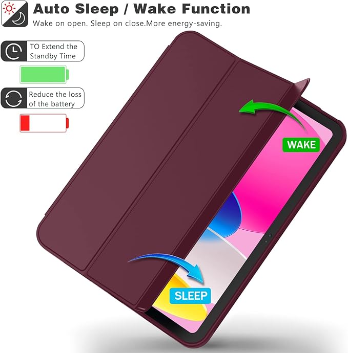 Case for iPad (A16) 11 Inch 2025/iPad 10th Generation 10.9 Inch 2022 Slim Trifold Stand Protective Cover with Pencil Holder and Soft TPU BackSupport Auto Sleep/Wake (Wine)