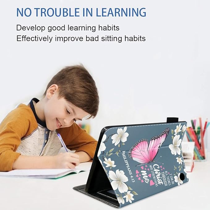 Case for Amazon Kindle Fire HD 10 &amp 10 Plus Tablet 10.1 (13th/11th Generation 2023/2021 Release) - Premium PU Leather Cover with Auto Sleep Wake Floral Butterfly Bible Verse Philippians 4:13