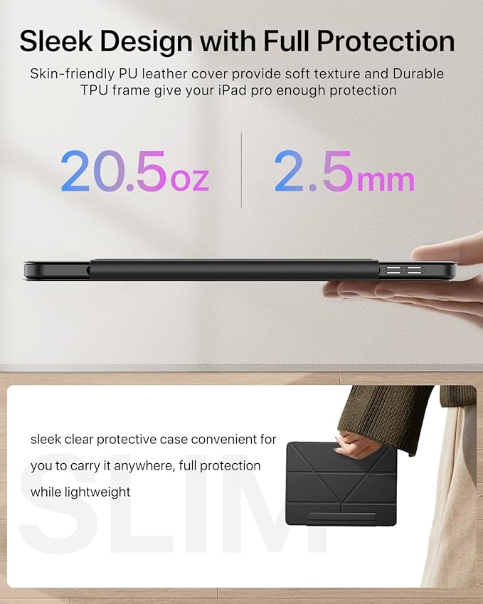 for iPad Pro 13 inch Case M5/M4 (2025/2024) Multi-Angle Y Fold Stand Magnetic Premium PU Leather Full Protective Case with Hidden Pencil Holder (Midnight Black)
