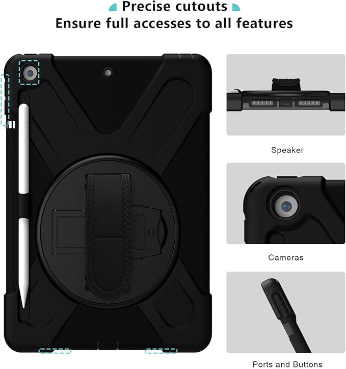ProCase Rugged Case for iPad 9th/ 8th/ 7th Generation 10.2 (2021/2020/2019) Heavy Duty Shockproof Protective Cover with Strap for iPad 9/8/7 -Black