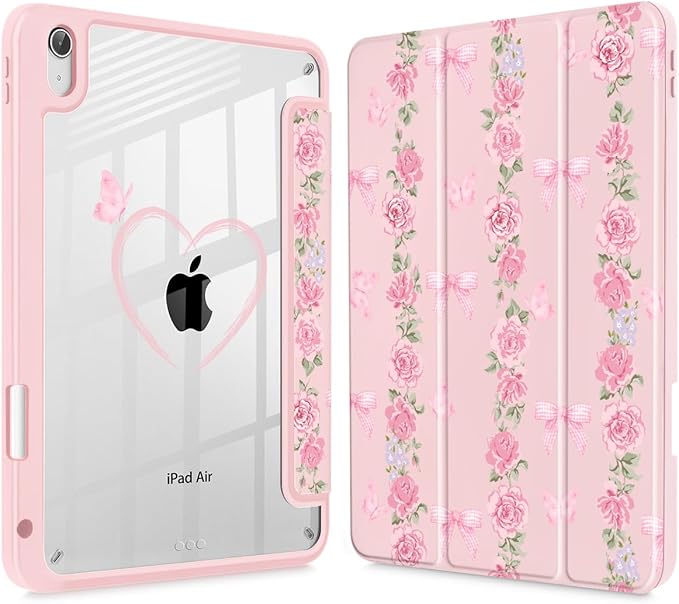 May Chen for iPad Air 11-inch M4/M3/M2 (2026/2025/2024) iPad Air 5th/4th 10.9 Inch - Shockproof Cover with Clear Back Shell &amp Penceil Holder Auto Wake/Sleep Stand Cover Bow &amp Rose Flower