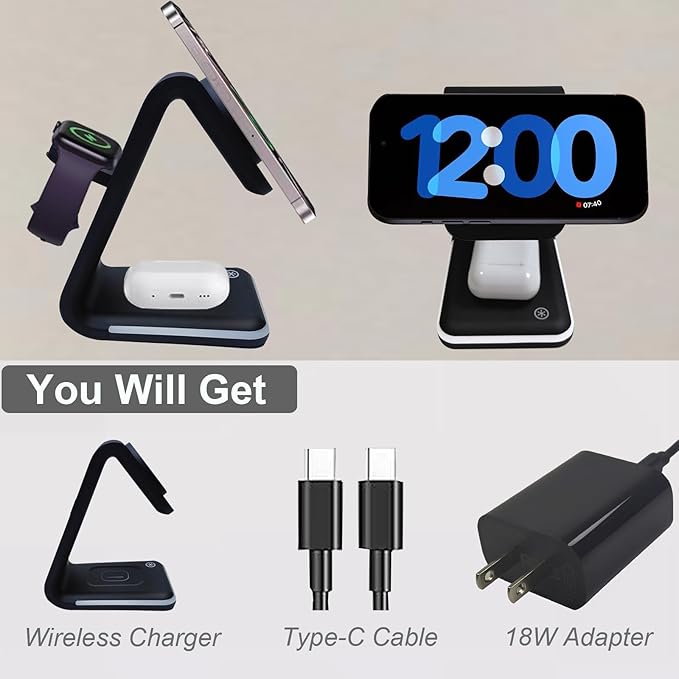 Magnetic Wireless Charger 3 in 1 Charging Station with Nightlight for Apple Magsafe iPhone 16/15/14/13/12 iWatch Series AirPods Charger Stand(15W Adapter)