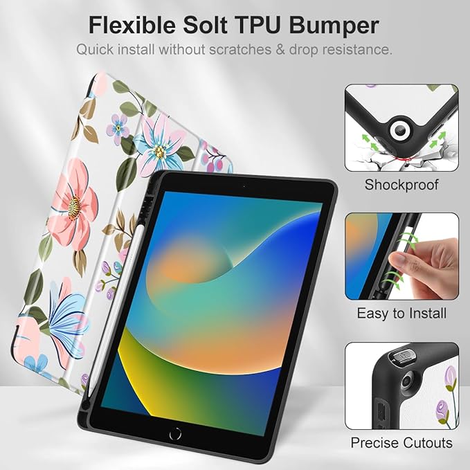 Tuiklol Case for iPad 10.2 Inch 2021 2020 2018 Release 9th / 8th / 7th Generation Built-in Pencil Holder TPU Protective Stand Back Cover Trifold Stand-Auto Wake/Sleep Tones Flowers