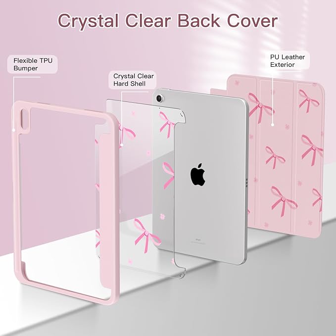 Teryeefi for iPad (A16) 11th Generation Case 11 Inch 2025 Release for iPad 10th Generation 10.9 Inch 2022 Protective Shell with Pencil Holder Soft TPU+Crystal Hard Back Cover Pink Bow