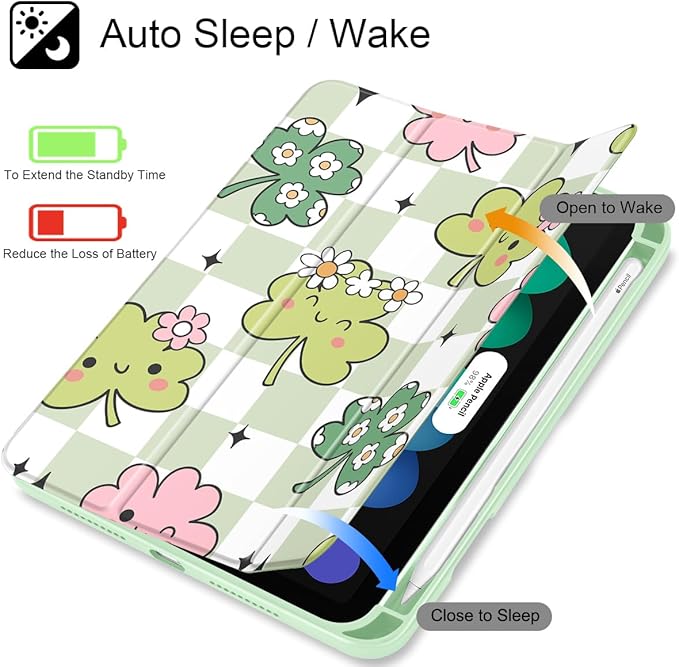 Mektron Printed Case for iPad mini 7 (A17 Pro) 2024/ Mini 6 2021 iPad mini 7th/6th Generation 8.3-inch Liquid Retina Display Cover Buit in Pencil Holder with Clear Back Shell Lucky Clovers