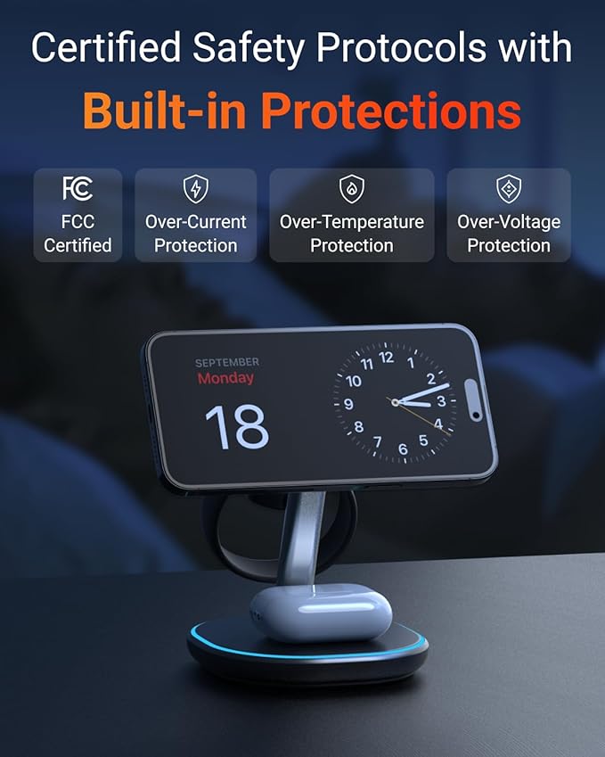 M.A.D Lab Z27 15W MagSafe Compatible 3 in 1 Qi2 Wireless Charging Station Magnetic Charger for iPhone 16/15/14/13/12 AirPods Apple Watch and Android Phones Bedside Dock with LED (No Adapter)