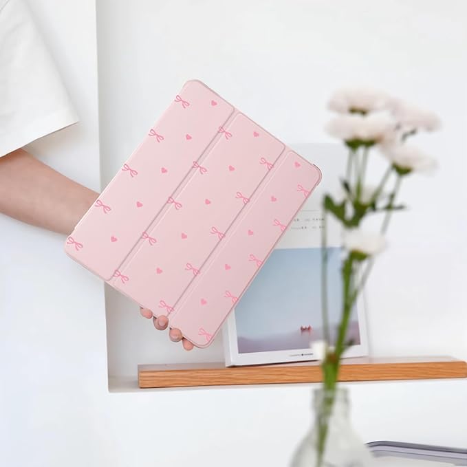 Cute Pink Bow Heart for iPad 5th/6th Generation Case with Pencil Holder Auto Sleep/Wake Pink Leather Soft TPU Back Cover for iPad 9.7 Inch
